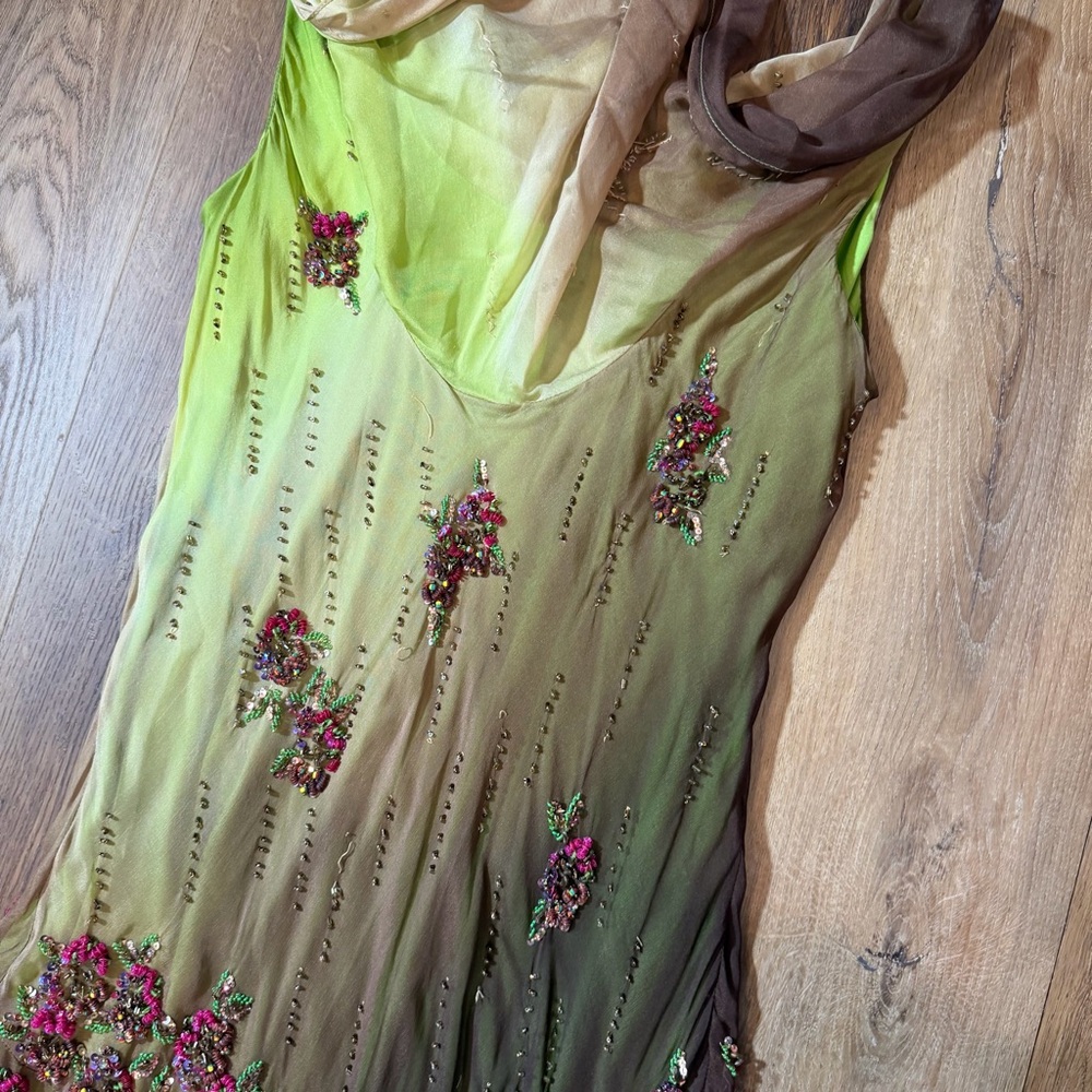 Vintage Y2K 100% Silk Beaded Dress Vintage Beaded Dress Fairy Prom Green Ombré - Picture 16 of 17